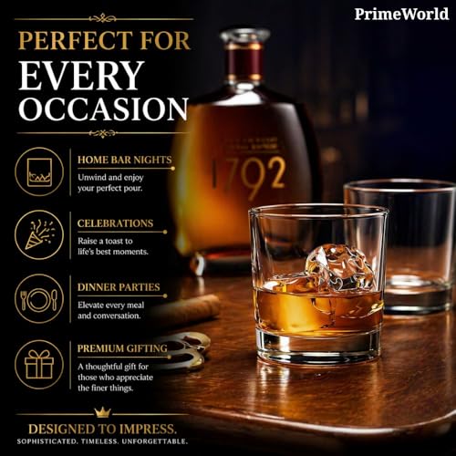 Image of PrimeWorld Mexico Crystal Whiskey Glasses Set of 6 pcs- 300 ml Bar Glass for Drinking Bourbon, Whisky, Scotch, Cocktails, Cognac- Old Fashioned Cocktail Tumblers
