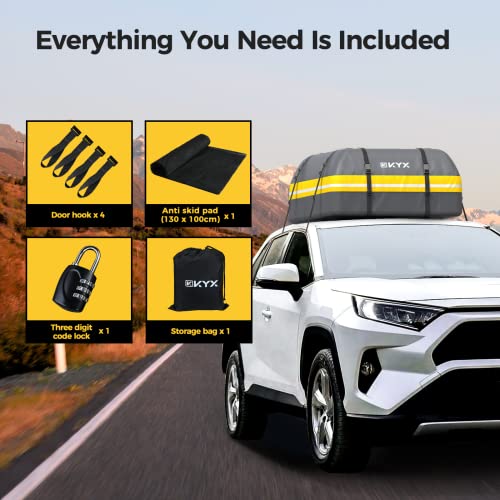 Rooftop Cargo Carrier Bag - Kyx 21 Cubic Feet Waterproof Car Roof Bag, Roof Rack Cargo Carrier For All Vehicle With/Without Rack, Car Roof Storage With Anti-Slip Mat, 8 Straps, 4 Door Hooks, Lock #TOP7