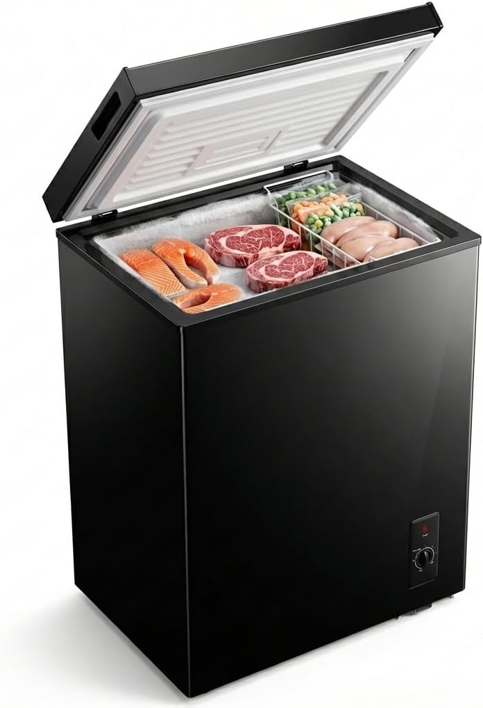 3.5 Cu.Ft Chest Freezer, Energy Efficient & Quiet Deep Freezer with Adjustable Thermostat, Removable Basket & Defrost Drain – Compact Freezer for Home, Garage, Apartment & Dorm, White