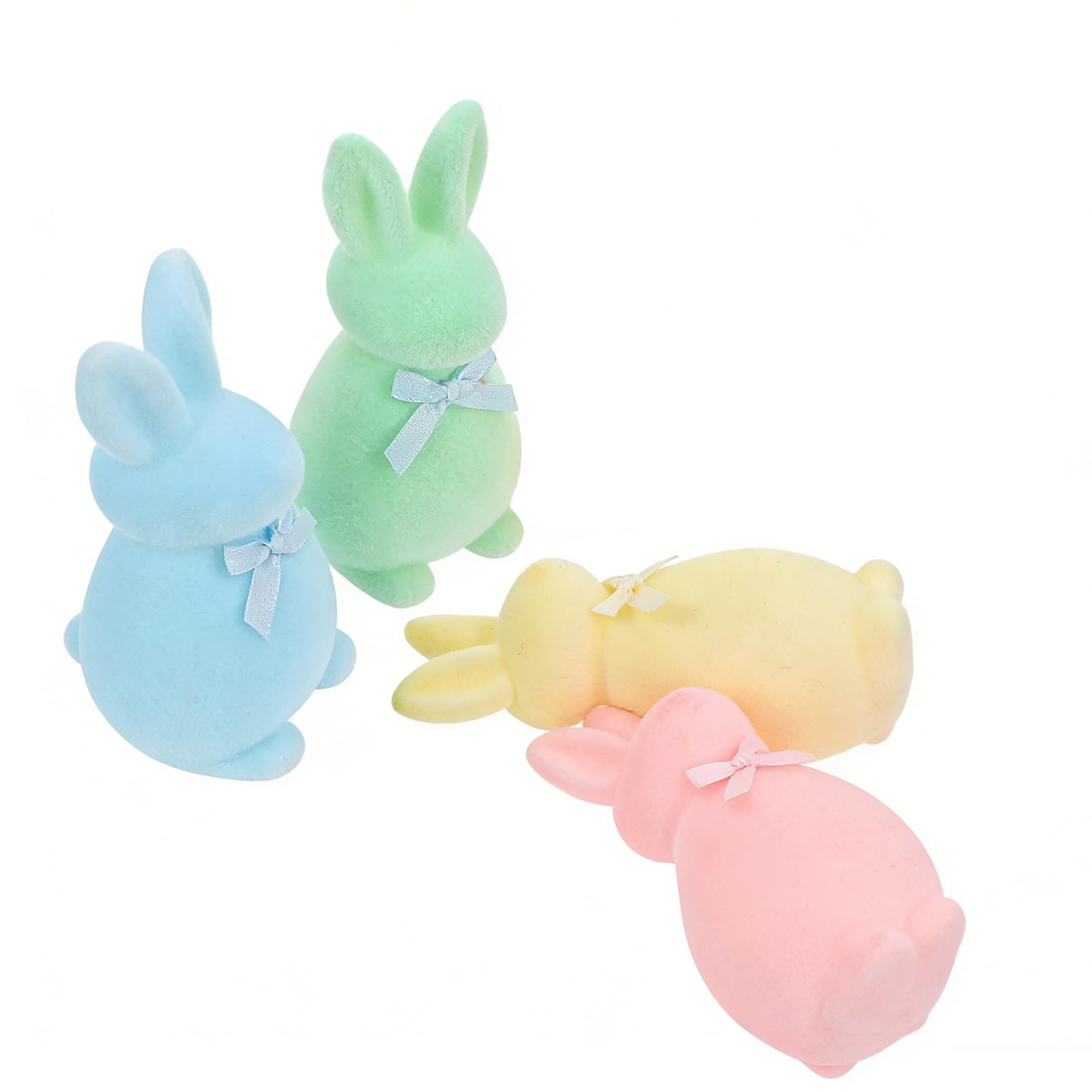 NOLITOY 4pcs Pastel Flocked Easter Bunny Figurines 15cm Tabletop Rabbit Statue Set in Blue, Green, Yellow, Pink for Spring Home and Office Decor