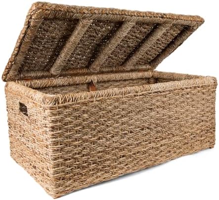 Wholestory Collective Handwoven Wicker 35" Banana Leaf Storage Trunk and Chest Toybox XL Organizers with Lid, Natural Color with Handles