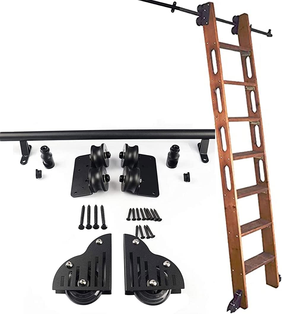 Kit échelle roulante bibliothèque avec roues au sol et rail de guidage tubulaire noir MObyat