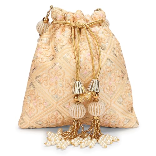Image of LONGING TO BUY Indian Embroidered Pearl Potli Bag For Women, Sequence Design with Tassel, Wedding Potli Bags