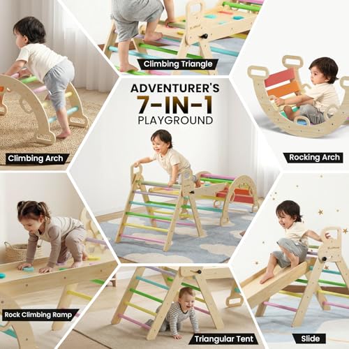 Image of BlueWood Pikler Triangle Set with Safe Handle, Foldable 7-in-1 Montessori Toddler Climbing Toys Indoor, Wooden Pickler Climbing Set, Baby Jungle Gym & Playground, Climbing Toys for 1-3 Year, Colorful