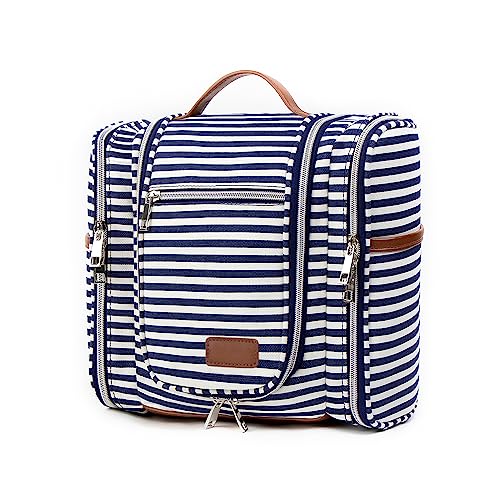 Pearl Angeli Hanging Toiletry Bag for Women, Large Makeup Cosmetic Bag, Water Resistant Toiletries Travel Essentials Organizer, Full-size Container, Navy-striped4