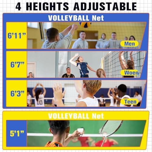 Adjustable Volleyball Poles with Net - Indoor/Outdoor Heavy Duty, 4 Heights (5ft-6.8ft), Portable with Wheels, Perfect for Adults & Kids, Stadium Use