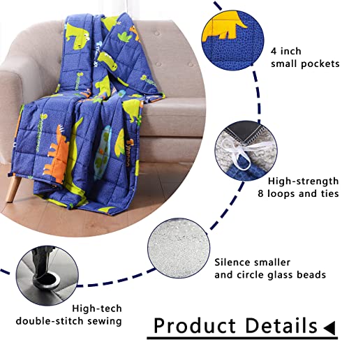 Joyching Weighted Blanket Kids 5 Lbs 36X48 Inches Egyptian Cotton 600Tc For Toddler Cooling Soft Heavy Throw Child Bed Size With Glass Beads, Printed Blue Dinosaur #TOP3