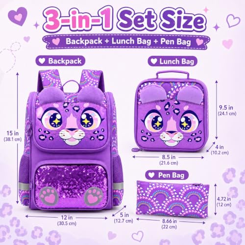 Image of KLFVB 3PCS Backpack for Girls and Boys, 15 inch Unicorn Dinosaur Bookbag with Lunch Box, Kids Preschool School bag