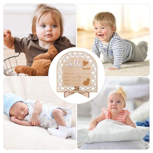 Image of Baby Announcement Sign, 5.5 Inch Wooden Birth Announcement Board Hello World Welcome Newborn Sign Arch Shape Baby Name Sign for Girl Boy Photo Prop Baby Shower Nursery Hospital