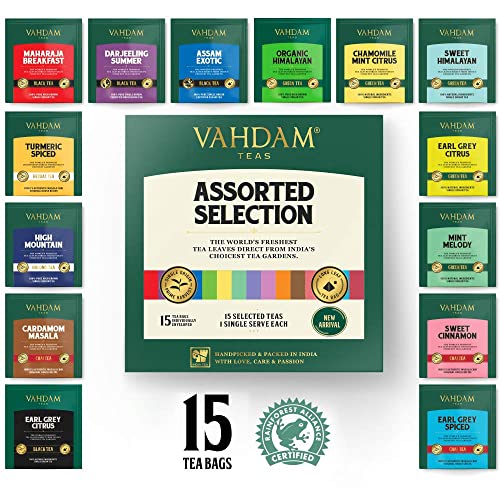 VAHDAM, Tea Variety Pack - 15 Flavors Pyramid Tea Bags | Tea Sampler Gift Set - Black Tea, Green Tea, Oolong Tea, Chai Tea, Herbal Tea | Tea Bags Variety Pack | Gifts for Women & Men