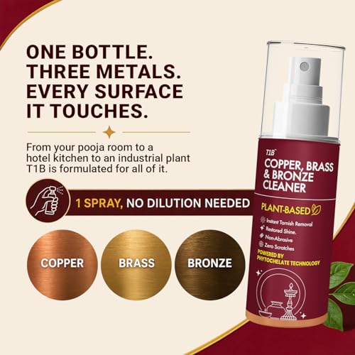 Image of T1B | India's 1st Concentrated Plant-Based Copper, Brass & Bronze Cleaner Spray | Tarnish, Oxidation & Stain Removal | Suitable for Utensils, Idols, Diyas, Cookware 150 (Pack of 2)