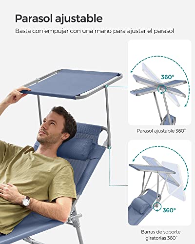 Miniatura 5 de Songmics Tumbona, Tumbona Reclinable, 193 X 53 X 29 Cm,Carga De 150 Kg, Con Reposacabezas De Protección Solar Y Respaldo Reclinable, Para Terraza, Piscina, Jardín, Azul Gcb192q01
