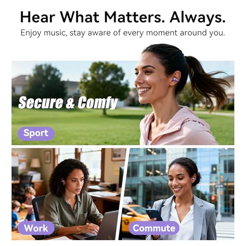Image of Kinglucky Upgraded Clip-On Earbuds Comfortable fit & Crystal-clear Sound, 40H Playtime Open Ear Buds Bluetooth 6.0 Wireless Headphones for Women Ideal for Small Ears, Sports & Workouts, Glasses Purple