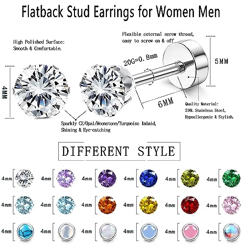 Besteel 18 Pairs Flat Back Earrings Hypoallergenic Stainless Surgical Steel Screw Back Stud Earrings for Women Men 20G Tiny CZ Opal Birthstone Nap Cartilage Flatback Earrings Set2
