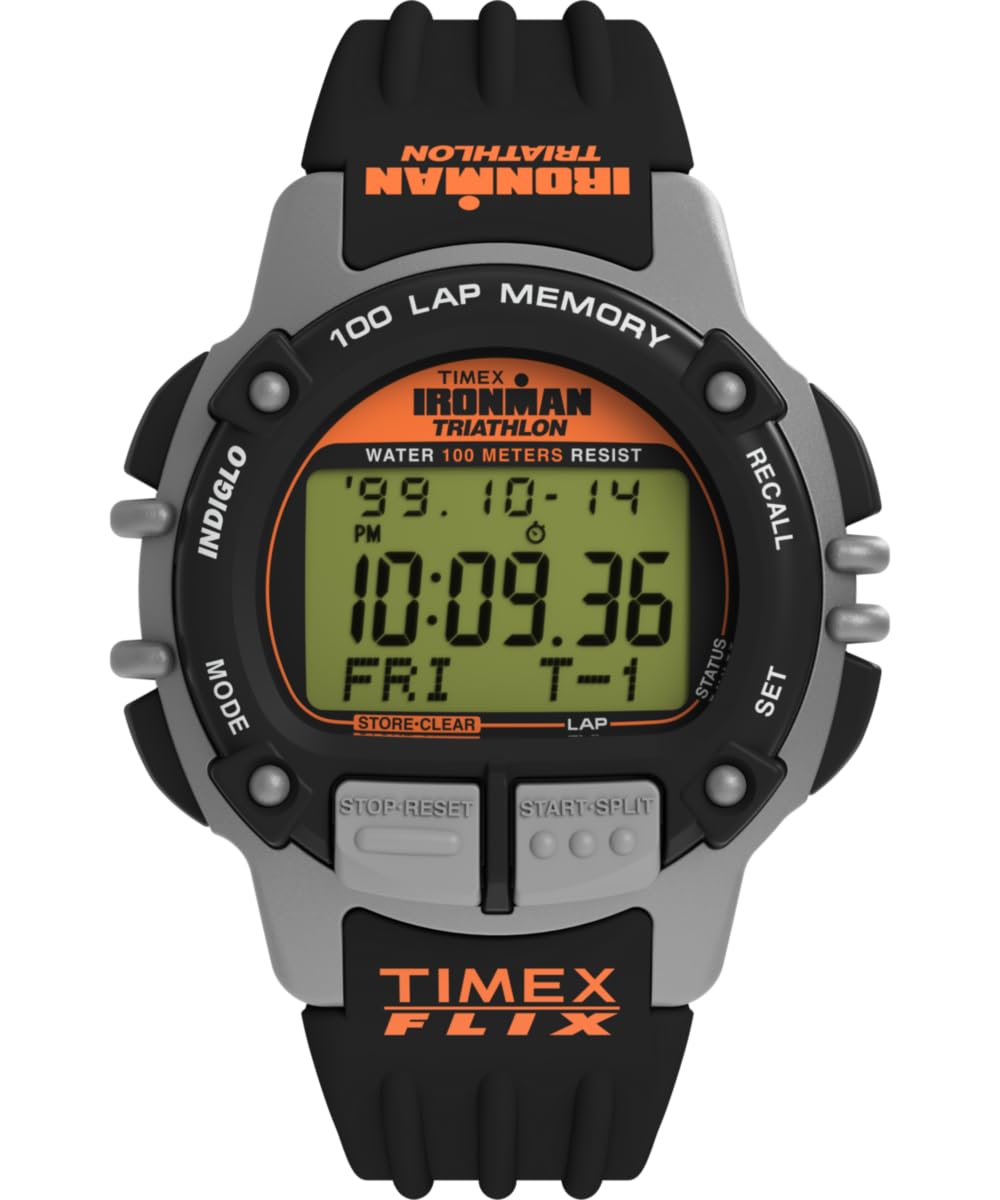 Timex TW5M63200 Ironman Flix 100 Lap Herren-Armbanduhr, 42 mm, schwarzes PU-Armband mit Digitalanzeige