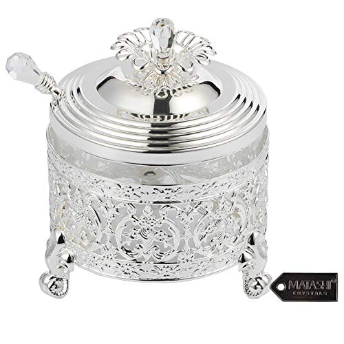 Matashi Silver Plated Sugar Bowl Honey Dish Glass Bowl - Detailed Intricate Design and Flower on Cover with Crystal Studded Spoon Great Gifts idea for Birthday, Mother's Day, Christmas, Anniversary