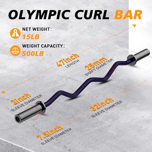 Image of Olympic EZ Curl Barbell Bar 47 inch, 2-Inch Curl Bars for Weight Lifting,Hip Thrusts,Squat,Biceps-Home Gym Chrome Curling Bar for 2 Inch Weight Plates -2 Spring Collars(500lb Weight Capacity)