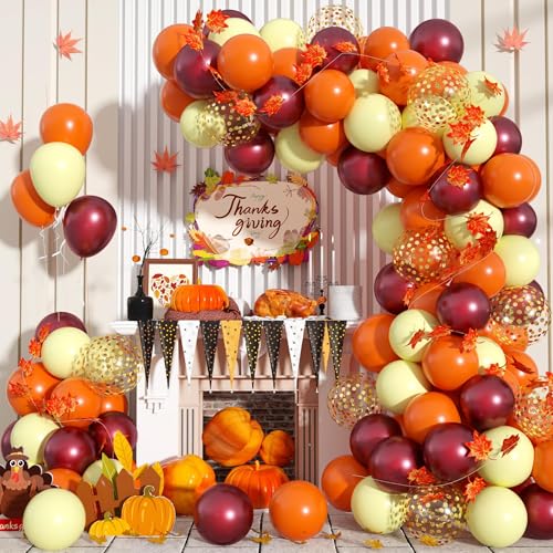 Autumn Balloon Arch Kit, Orange Burgundy Yellow Gold Confetti Arch Garland Kit Balloons Decoration with 6.5 Ft Maple Leaves for Thanksgiving Birthday Baby Shower Party Autumn Home Decor Supplies