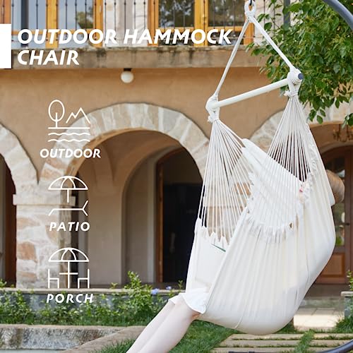 Pnaeut Hammock Chair Hanging Rope Swing, Max 500 Lbs, Hanging Chair With Pocket, 2 Cushions Included, Steel Spreader Bar With Anti-Slip Rings, Hardware Kits And Bag, For Indoor Outdoor (Natural) #TOP3