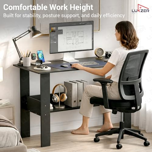Image of Lukzer Engineered Wood Computer Desk with One Tier Shelves Laptop Study Table for Office Home Workstation Writing Modern Desk (ST-004 / Black / 90 x 50 x 75 cm)