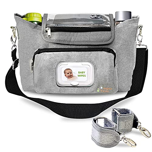 Universal Baby Stroller Organizer by August Twins, Mini Diaper Bag, Stroller Storage Bag With Cup Holders, Stroller Parent Console, Stroller Storage Pouch With Easy Access Wipes Pocket and Stroller Accessories Bag