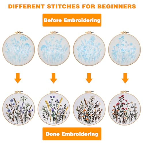 Image of Yuanan 4Pcs Pre-Printed Cross Stitch Kits, Complete Embroidery Kit for Beginners, Floral Embroidery Patterns for Beginners