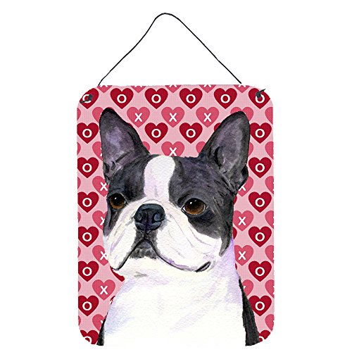 Caroline's Treasures SS4516DS1216 Boston Terrier Hearts Love Valentine's Day Wall or Door Hanging Prints Aluminum Metal Sign Kitchen Wall Bar Bathroom Plaque Home Decor Front Door Plaque, 12x16, Multi