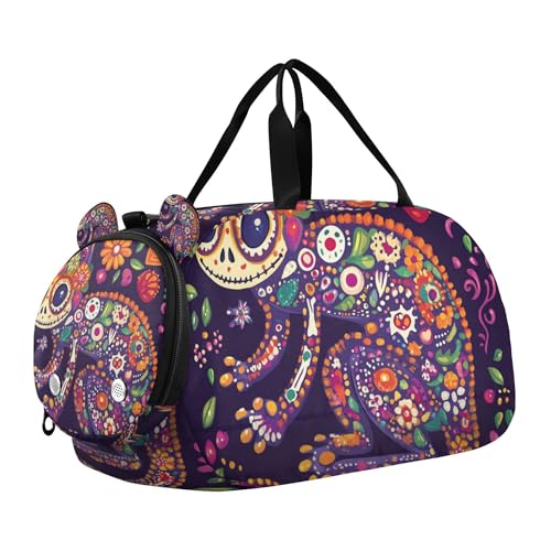 Glaphy Lizard Chameleon Skull Floral Flowers Duffle Bag for Toddler Boys Girls, Gym Sports Bag with Shoe Compartments, Kids Travel Overnight Weekender Shoulder Bag
