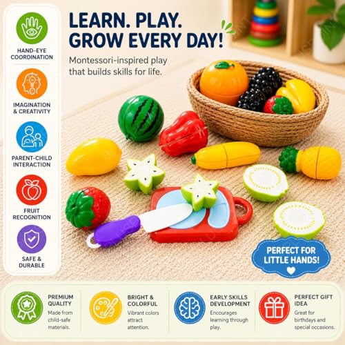 Image of PLUSPOINT Fruit Cutting Toys Set for Kids Pretend Play 13pc Fruit Cut Toy Set with Knife & Cutting Board, Educational Kitchen Play Food Toys for Toddlers