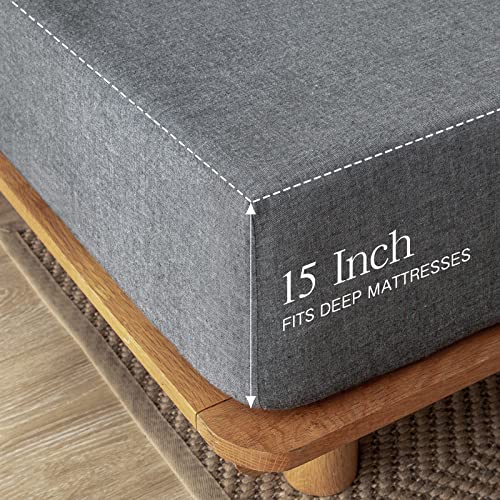 Tiptoe Bear Fitted Bed Sheets 100% Washed Cotton Ultra Soft Slightly Wrinkle Linen Feel Breathable Deep Pocket, 1 Fitted Sheet Only (Grey, Queen) #TOP2