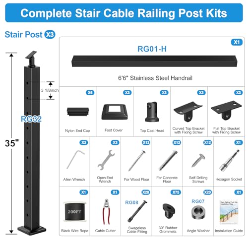 Image of 8FT-15FT Black Swageless Stair Cable Railing System with Handrails, 36 inch T304 Stainless Steel Deck Cable Railing Kit for 25-35 Degrees Stair, Indoor Outdoor Surface Mount and Easy DIY