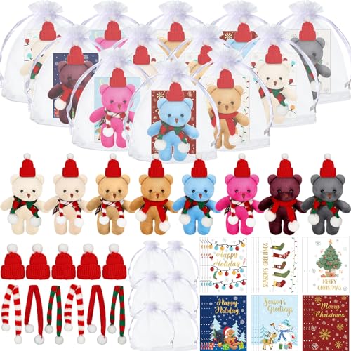 Poen 24 Set Christmas Gift 4 Inch Mini Christmas Stuffed Plush Bear with Santa Hat Scarf Cards Organza Bags Xmas Small Bear Toy Set for Holiday Party Favor(Vibrant Style)