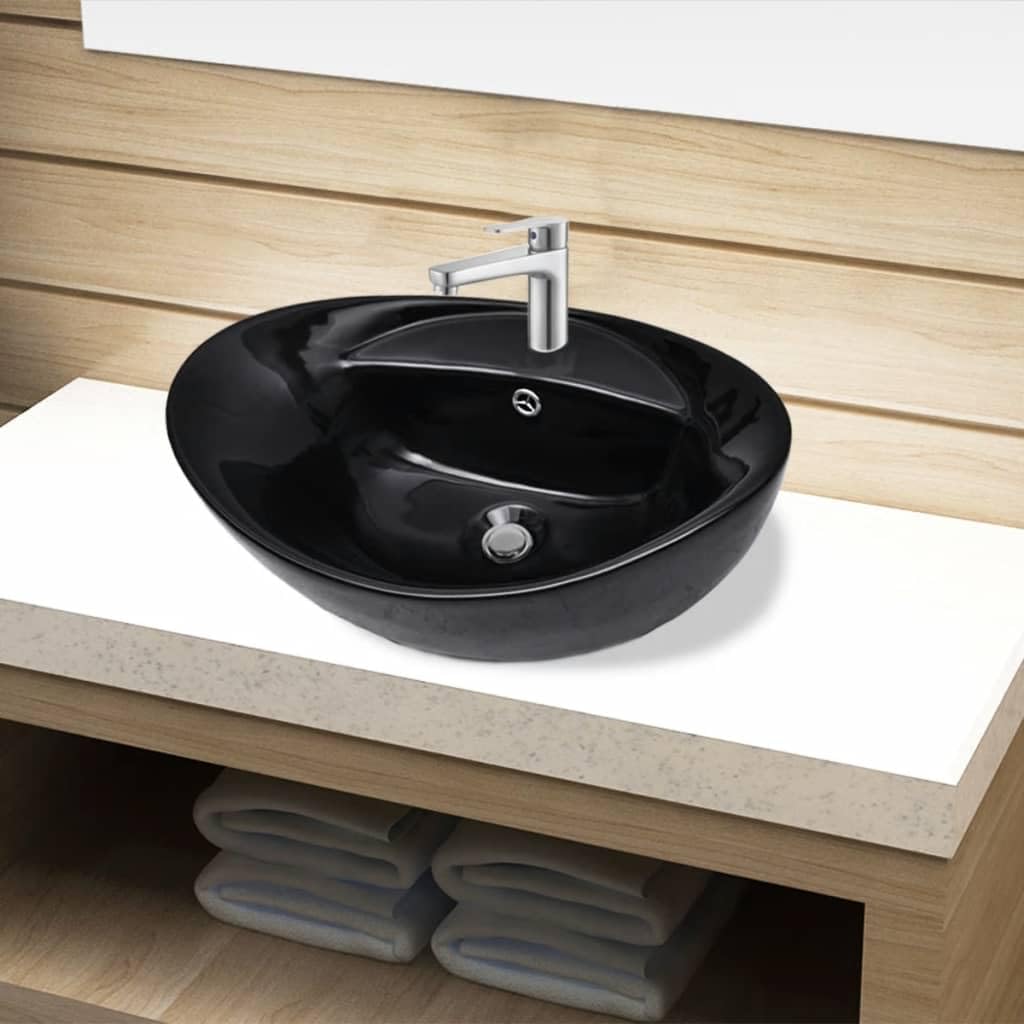 vidaXL Lavabo Ovalado con Agujero Desague Cerámica Negro Brillante Lavamanos