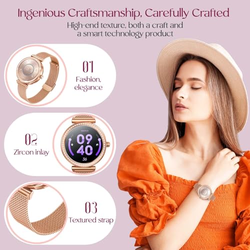 Smartwatch Damen Uhr Armbanduhr Fitnessuhr: Smartwatch Damen mit Halskette Geschenk 1,27" Rund Touch Gold Menstruationszyklus Schrittzähler Blutdruck Wasserdicht Sport Telefonfunktion für Android iOS – Bild 3