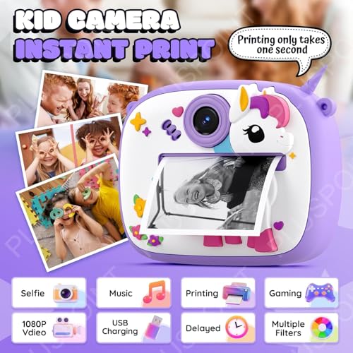 Image of PLUSPOINT Cute Unicorn Instant Print Camera for Kids, Dual Selfie Digital Camera with 1080P HD Videos Recoding, Instant Photo Printer Best Birthday Gift for Boys and Girls