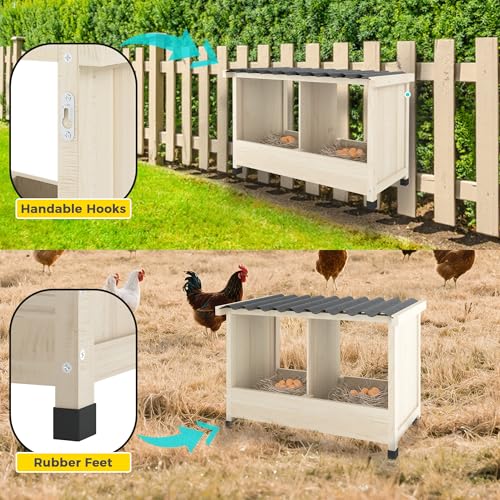 Chicken Nesting Box, 2 Holes Wooden Nesting Box, Hens-Wall Mounted or Floor Use, Chicken Coop Accessorie with PVC Roofing, Preventing Egg Falls, Easy to Assemble, Backyard and Farms - Image 4