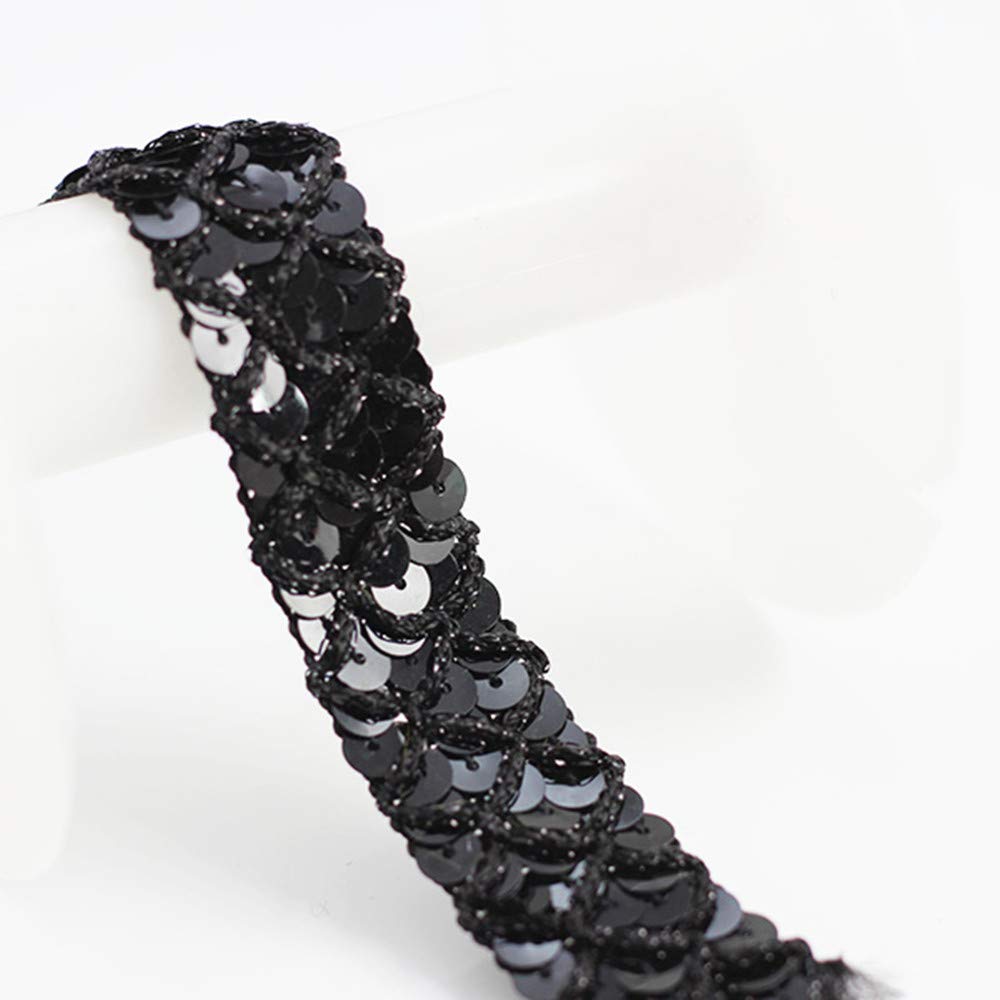 Sunbe shine Beaded Sequin Metallic Lace Ribbon Trim 3row Fabric Applique Decorated Embellishment Sewing Accessories 5yards (black)