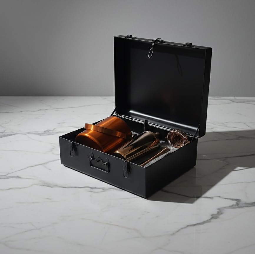 Image of Car-O-Bar Bar Set with Bar Trunk | Bar Setup for Home : Cocktail Shaker, Bar Spoon, Jigger, Muddler, Strainer, Wine & Beer Bottle Opener, Ice Bucket & Tong, Bar Trunk