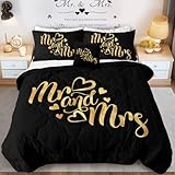 Sleepwish His and Hers Comforter Set King Size Mr Mrs Bedding for Couple 4 Piece Bed Set Gold Letter Cute Heart Black (1 Comforter, 2 Pillow Sham, 1 Cushion Cover)