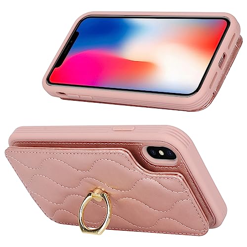 Image of for iPhone X Case with Card Holder,iPhone Xs Wallet Case for Women,Credit Card Holder,Stand Ring Kickstand and RFID Blocking,PU Leather Phone Case for iPhone X /XS 5.8 inch(Rose Gold)