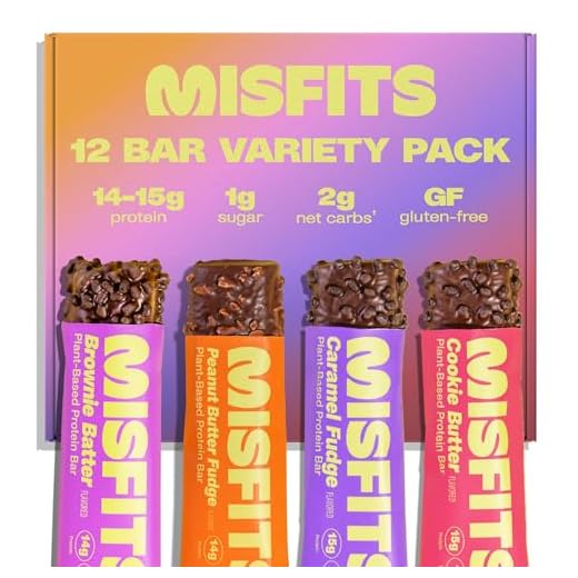 Misfits Vegan Protein Bar, Best Sellers Variety Pack, Plant Based Protein Bars, High Protein Snacks with 15g Per Bar, Low Sugar, Low Carb, High Fiber, Non GMO, 4 Flavor 12 Pack, 1.8oz Bars - Soft Protein Snack & Breakfast Bars