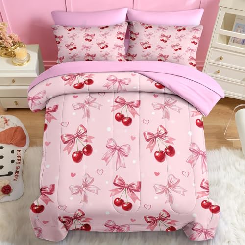 Image of Nesker 7 Pcs Comforter Set Full Size, Cherry Bow Bedding for Kids Teen with Fitted Sheet 2 Pillowcases & 2 Shams for Bedroom Bed Decor