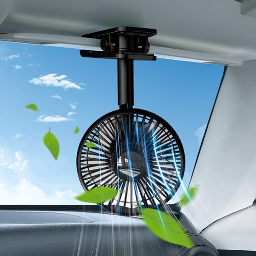 DICMKY USB Car Fan Oscillating Rechargeable Fan with Colorful Light Battery Powered, 360° Rotatable Portable Clip Visor Fans That Blow Cold Air, Small Cooler Mini Silent, for Vehicle Van Truck Suv Rv