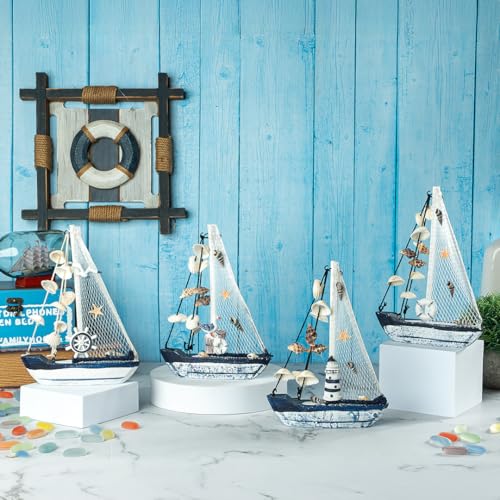 Image of Wooden Decorative Sailboat Nautical Model Showpiece - 15x4x22 cm | Miniature Sailing Boat Showpiece for Home Decor, Living Room, Office & Table Desk Decoration | Faded Blue-Helm