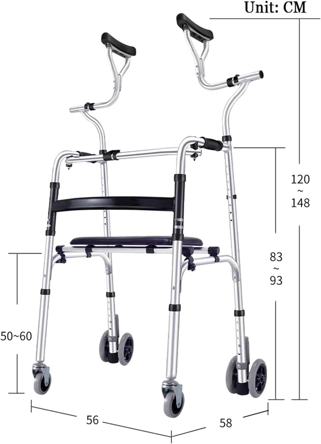 Andador de axilas plegable para ancianos discapacitados, altura ajustable y aleación de aluminio resistente, soporta hasta 180 kg