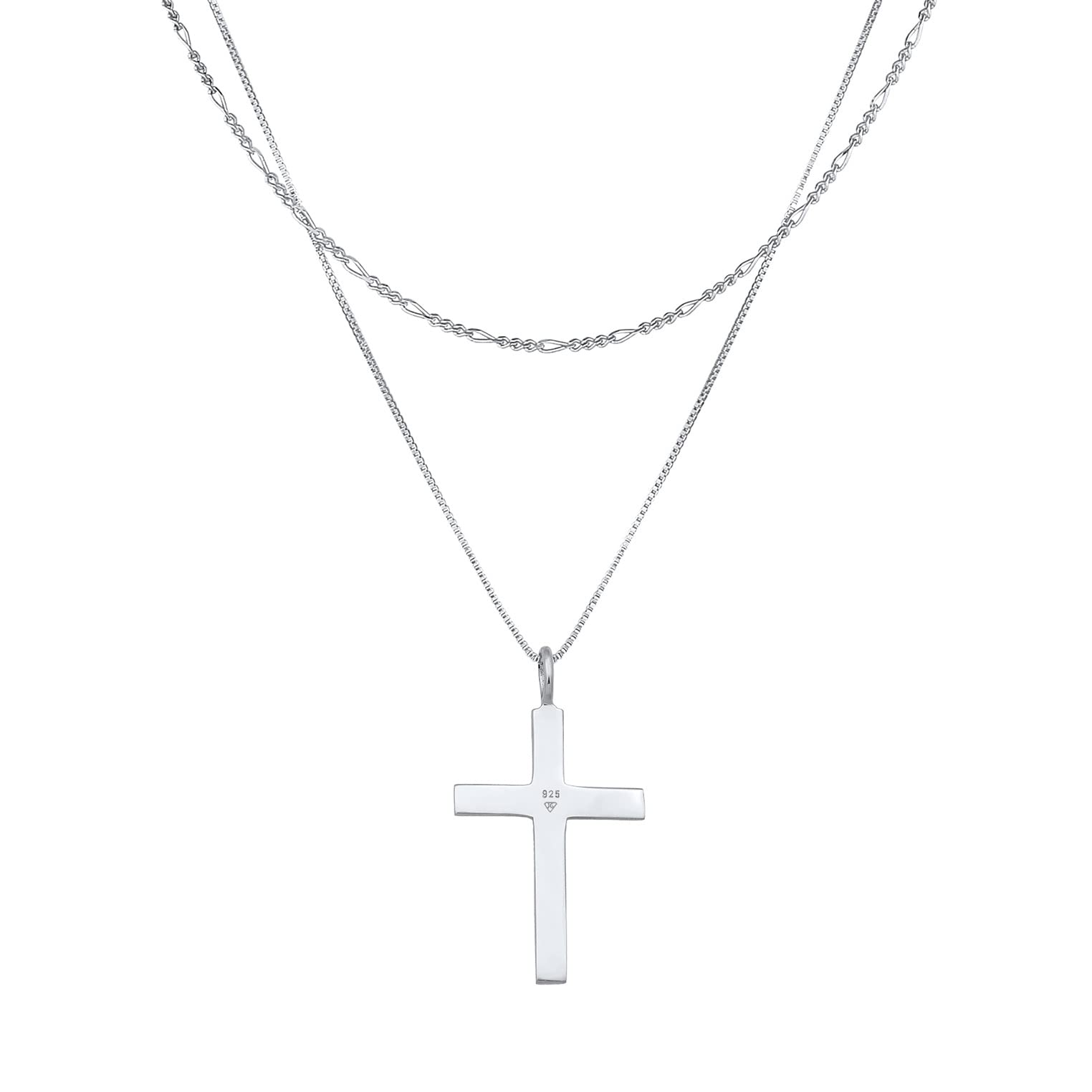 Kuzzoi Męski srebrny naszyjnik w stylu warstwowym z zawieszką w kształcie krzyża (30 mm), łańcuszek na szyję dla mężczyzny z polerowanego srebra wysokiej próby 925, warstwowy łańcuszek z zawieszką o