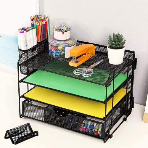 DALTACK-4-Trays-Desktop-File-Organizer-with-Pen-HolderLetter-Tray-Paper-Organizer-with-Drawer-and-Pen-Holders-Black-Mesh-Office-Supplies-File-HolderDesk-Organizer-for-Office-School-Home