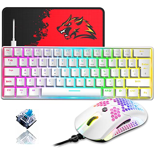 ZIYOU LANG 60% Compact RGB Gaming mechanische Tastatur Weiß Set Combo - Blauer Schalter - Mini QWERTY Layout Abnehmbares USB-C Kabel - 12000 DPI Bienenwabe Programmierung Maus für pc ps4 Xbox Tablet Cover
