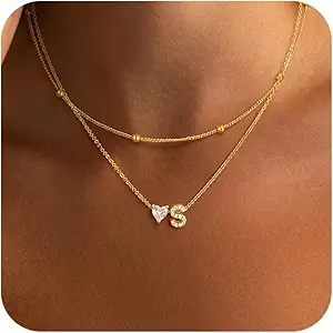 Initial Heart Necklaces for Women - Dainty Cute Necklace Small Layered 14K Gold Plated A-Z Letter CZ Pendant Trendy Satellite Chain Necklaces for Women Non Tarnish Gold Jewelry Set Gift