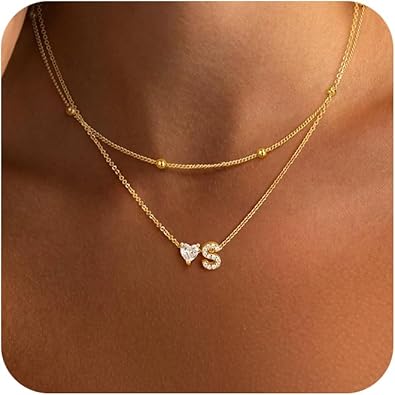 Initial Heart Necklaces for Women - Dainty Cute Necklace Small Layered 14K Gold Plated A-Z Letter CZ Pendant Trendy Satellite Chain Necklaces for Women Non Tarnish Gold Jewelry Set Gift